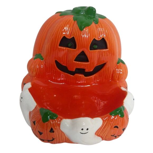 Vintage Russ Halloween Ceramic Pumpkin Ghosts Motion Activated Candy Dish - Picture 1 of 8